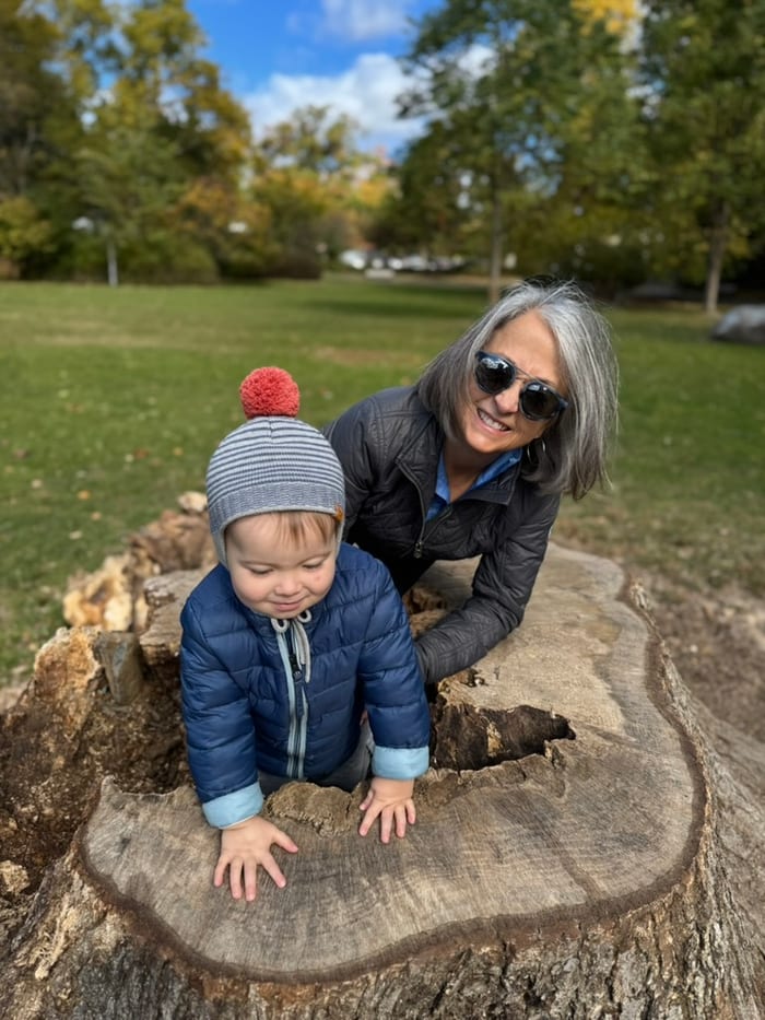 Louise — “Missy” — on an autumn walk with her grandson.