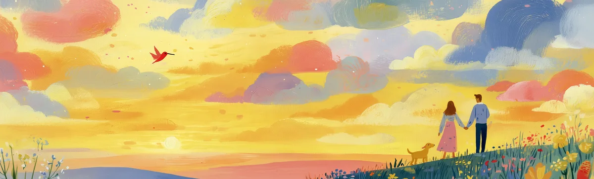 A painterly meadow at sunset with a hummingbird
