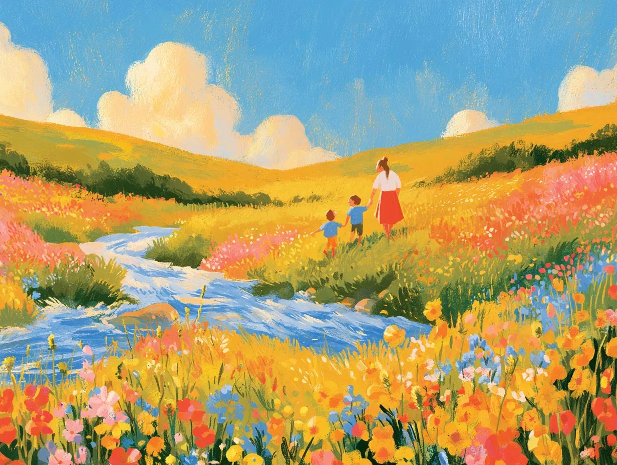 A mother and her two young children walking through a sunlit wildflower meadow