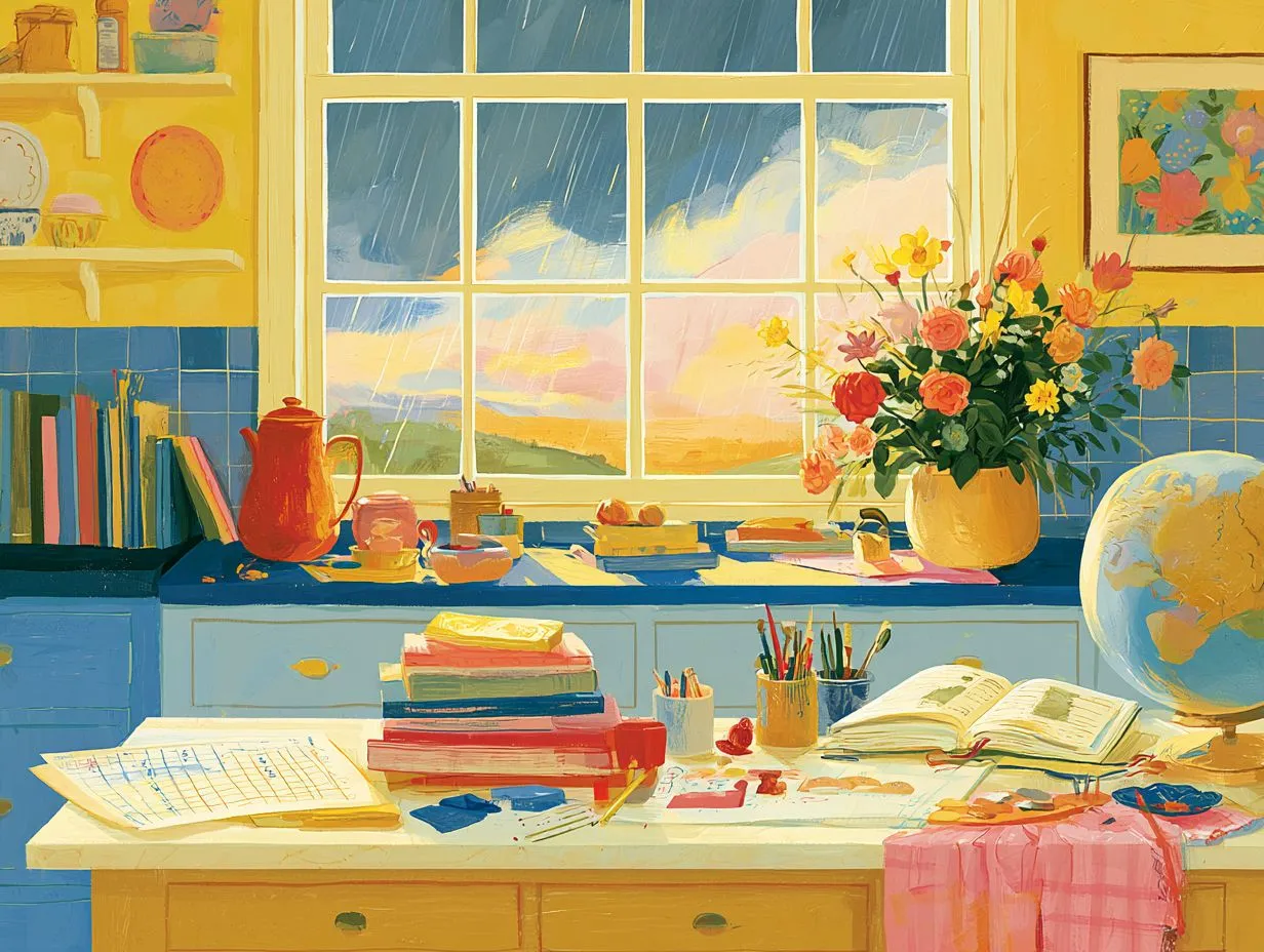 A rainy day seen through a bright kitchen window, books and a globe on the table
